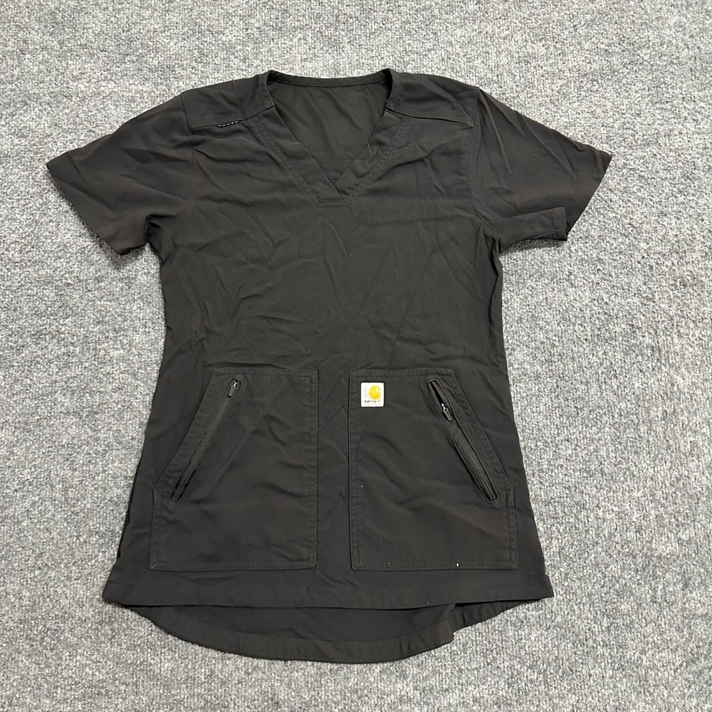 Carhartt Scrub Top Womens Size S Black V-Neck Short Sleeve Zipper Pocket C12237